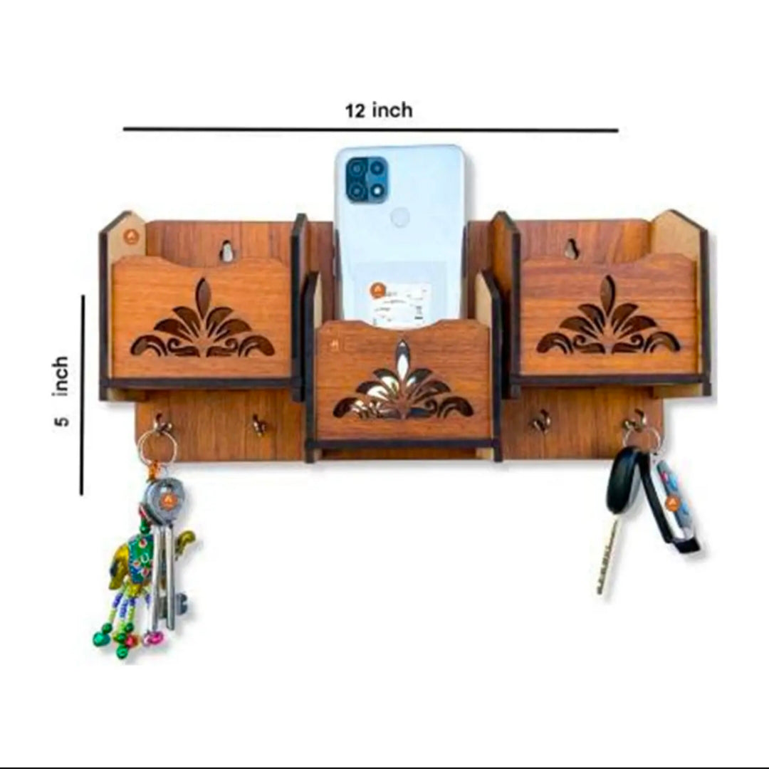 Wooden  Wall-Mounted Keychain & Mobile Phone Holder - multicolor 4 Hooks, 3 Pockets