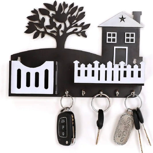 Tree design geometric Wooden Wall-Mounted Keychain & Mobile Phone Holder - Black & White with 5 Hooks**