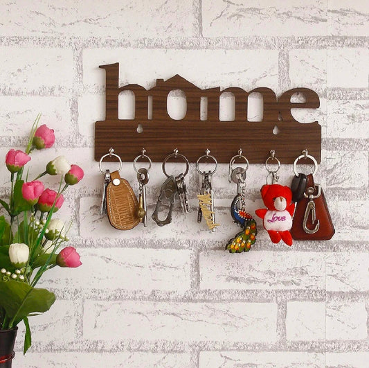 **Wooden Wall-Mounted Keychain Holder - Laser Cut "Home" Design, Black & Brown, 7 Hooks**