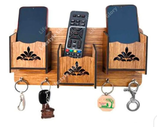 Wooden  Wall-Mounted Keychain & Mobile Phone Holder - multicolor 4 Hooks, 3 Pockets