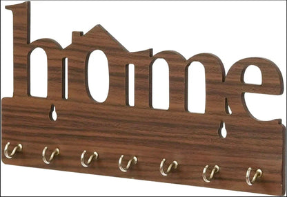 **Wooden Wall-Mounted Keychain Holder - Laser Cut "Home" Design, Black & Brown, 7 Hooks**