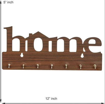 **Wooden Wall-Mounted Keychain Holder - Laser Cut "Home" Design, Black & Brown, 7 Hooks**