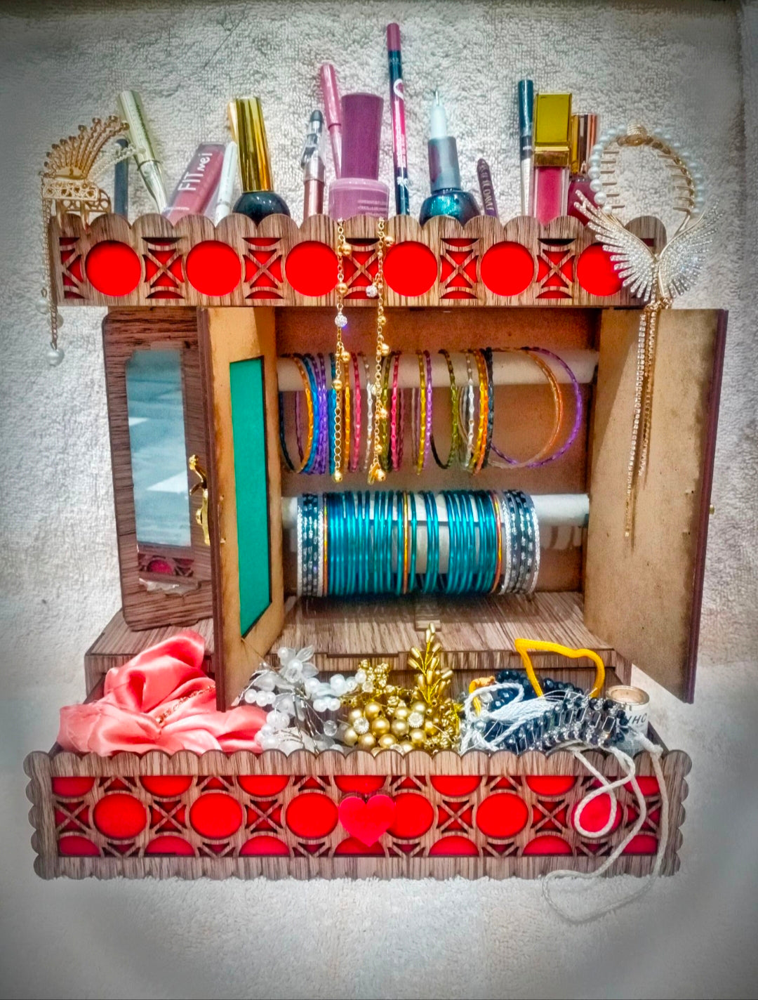 **Wooden Red Velvet Double Door Jewellery Bangle Stand with Drawer & Makeup Organizer**