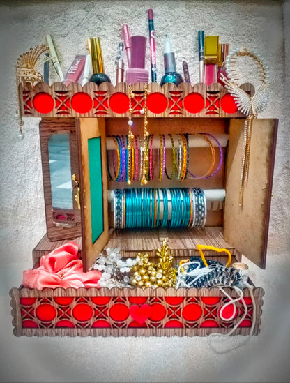 **Wooden Red Velvet Double Door Jewellery Bangle Stand with Drawer & Makeup Organizer**