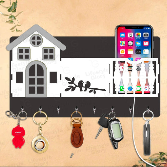 Wooden Home Model Wall-Mounted Keychain & Mobile Phone Holder - Black & White, 7 Hooks, 3 Pockets