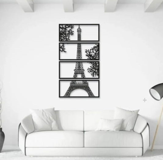 Laser Cut Wooden Eiffel Tower Wall Art – 4-Piece Set, Black MDF, Large Size