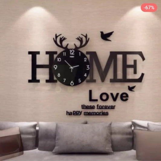 Wooden Laser-Cut "Home" Clock with Deer Face - Black MDF Wall Clock, Unique Design, Affordable Decor