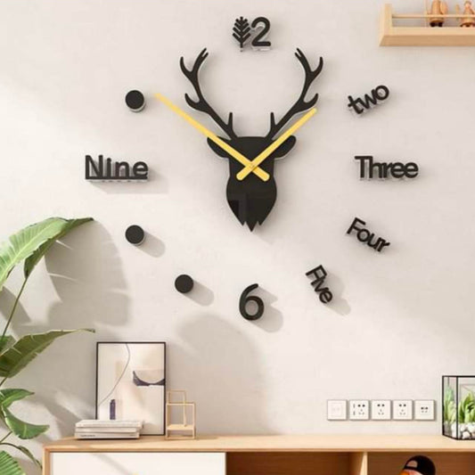 Wooden Laser-Cut Deer Face Clock - Black MDF Wall Clock, Unique Design, Large Size, Affordable Decor