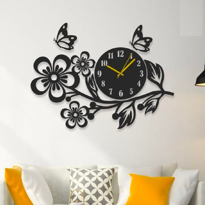 **Wooden Laser Cut Wall Flower Clock – Black MDF, Large Size, Modern Home Decor**