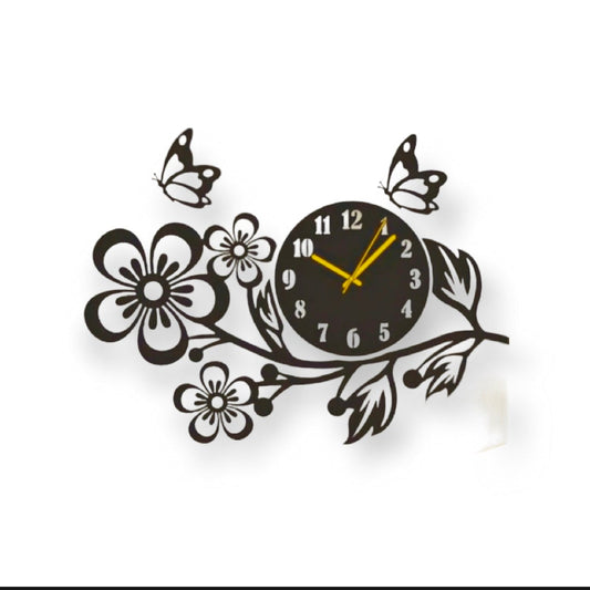 **Wooden Laser Cut Wall Flower Clock – Black MDF, Large Size, Modern Home Decor**