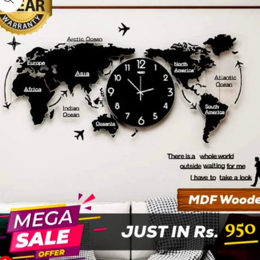 Wooden laser cut world map wall clock - Black MDF,Unique design,Wall clock,70 by 40 inches,Affordable decor